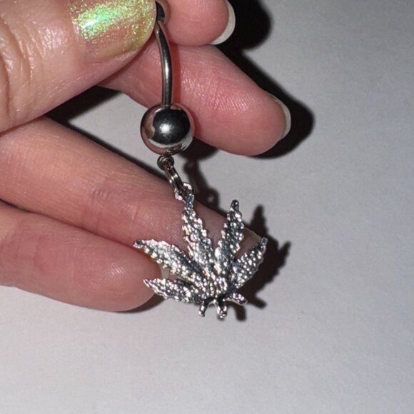 Aqua Blue Gem Dark Rasta Pot Leaf Dangle Belly Ring - Picture 8 of 8